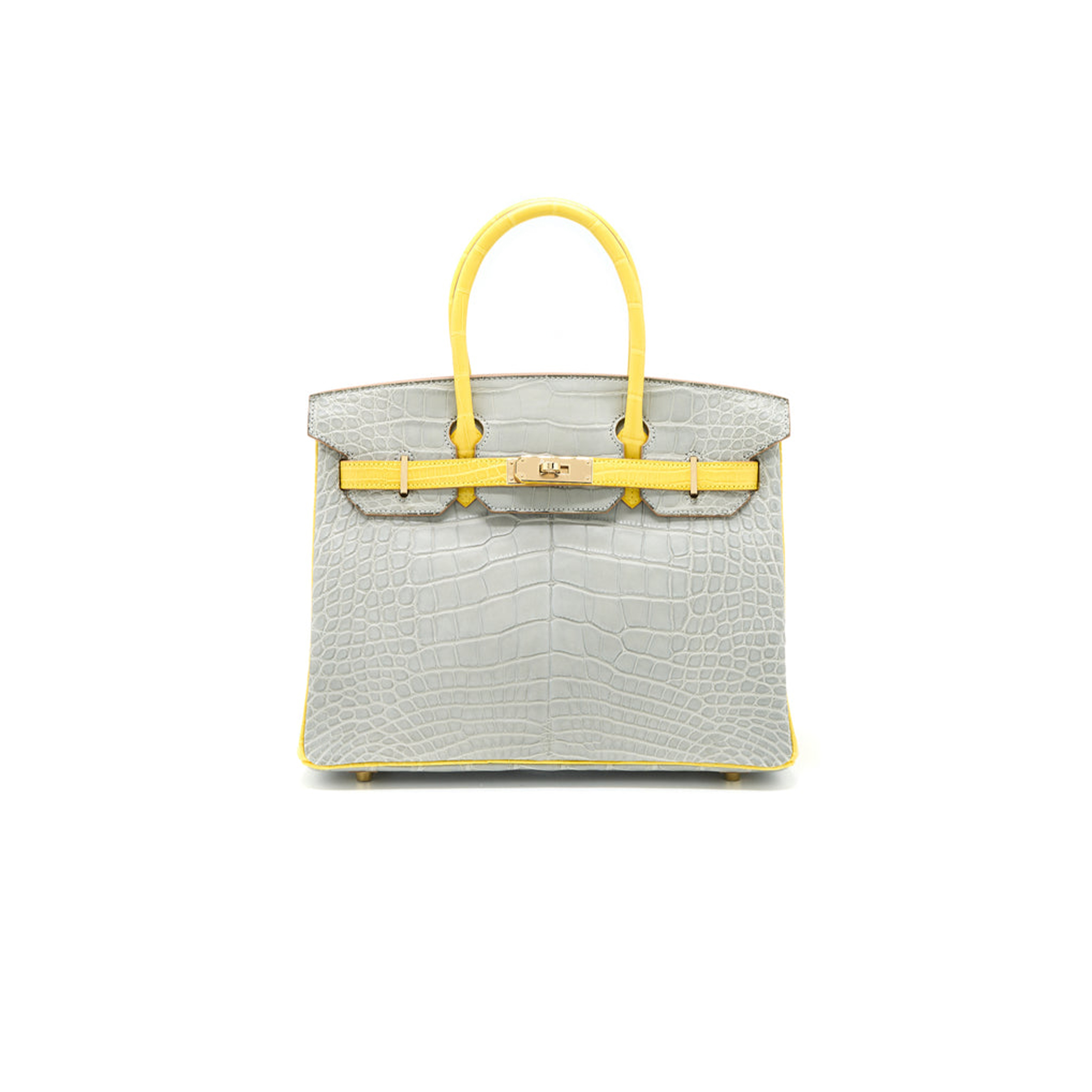 HERMÈS MASTER BIRKIN 30 CROCODILE LEATHER PEARL GREY AND YELLOW BAG GOLD BUCKLE H041367CK43 (30*22*16cm)